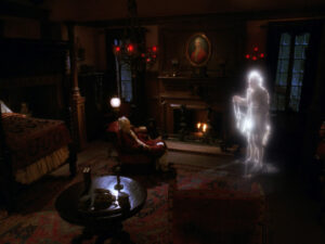 Data as Ebenezer Scrooge, confronted by the ghost of Marley