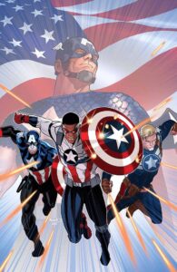 Three Captains America: Bucky Barnes, Sam Wilson, and Steve Rogers